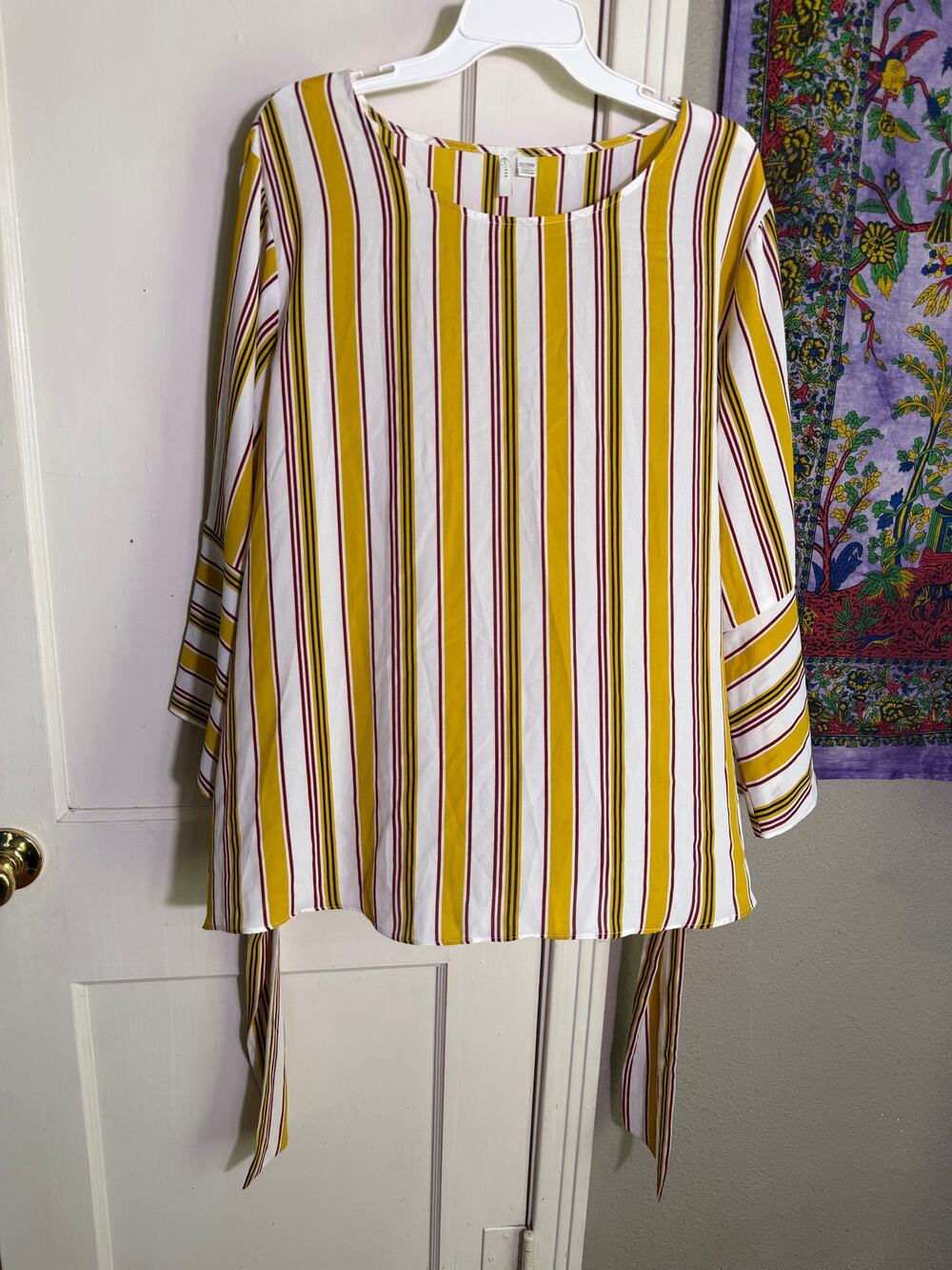 Cato Plus Size 22/24W Striped Bell Sleeve Blouse Tie Waist Yellow White